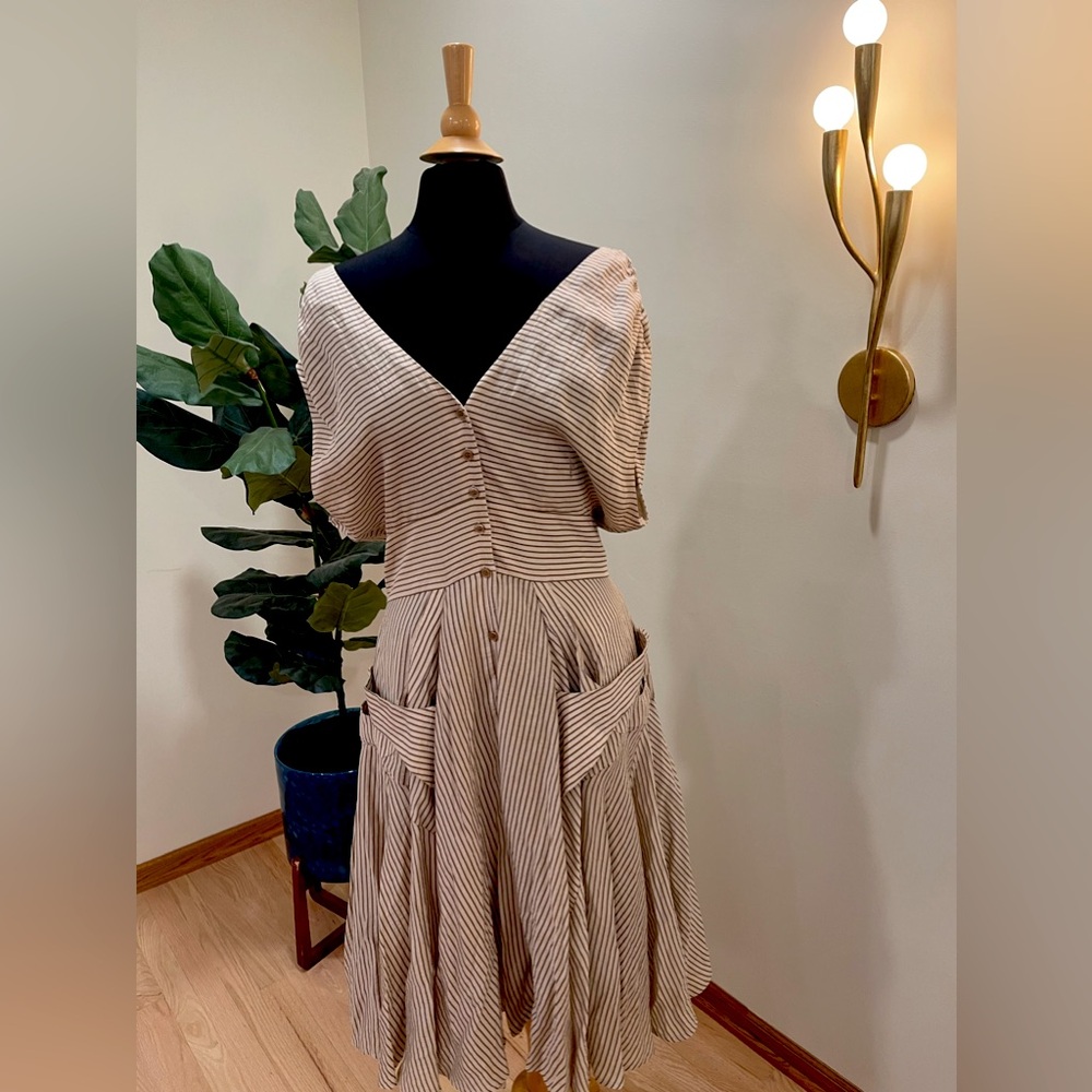 Calvin Klein Beige Striped Open Shoulder Full Skirt Sundress